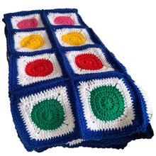 Load image into Gallery viewer, Beautifully crafted handmade vintage crochet blanket throw featuring blue and white granny squares, each with a central dot of red, yellow, green, pink or blue. This super cozy throw is perfect for curling up in front of the fire with a good book or watching a movie.
In excellent condition.
Measures 42 x 65 inches