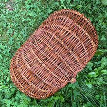 Load image into Gallery viewer, Vintage handmade natural grapevine handled basket. Made in Poland. A beautiful basket for fruit or flower picking. Lends itself nicely to farmhouse, cottage and shabby chic decor. In excellent condition with original sticker. Measures 18 3/4 x 11 x 11