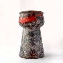 Load image into Gallery viewer, Vintage mid-century modern Fat Lava glaze vase in mottled gray and blue with red streaks vase, shape 1248. Produced by Strehla Keramik, Germany, circa 1960s. The shape of this vase lends itself well for forcing flower bulbs or a beautiful bouquet. In excellent condition, free from chips/cracks/repairs. Maker's mark on the bottom with the number 1248 denoting the shape. Measures 2 5/8 x 4 1/2 inches.