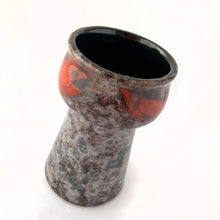 Load image into Gallery viewer, Vintage mid-century modern Fat Lava glaze vase in mottled gray and blue with red streaks vase, shape 1248. Produced by Strehla Keramik, Germany, circa 1960s. The shape of this vase lends itself well for forcing flower bulbs or a beautiful bouquet. In excellent condition, free from chips/cracks/repairs. Maker's mark on the bottom with the number 1248 denoting the shape. Measures 2 5/8 x 4 1/2 inches.