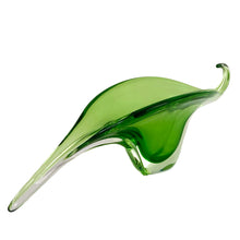 Load image into Gallery viewer, Three-quarter view of Murano sommerso art glass leaf console bowl showing sculptural leaf shape and green to clear color transition