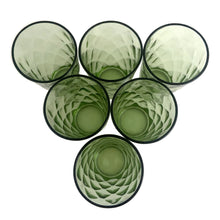 Load image into Gallery viewer, Set of six vintage "AHC111" green 10 ounce flat tumbler glass featuring an optic diamond or honeycomb pattern. Crafted by Anchor Hocking, USA, circa 1970s. A great additional to your glassware collection! In excellent used vintage condition, free from chips. Measures 2 7/8 x 5 1/8 inches Capacity 10 ounces