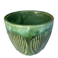 Load image into Gallery viewer, Vintage 1930s Robinson Ransbottom art deco green drip glaze ceramic planter, three-quarter view showing embossed ribbed gothic motif