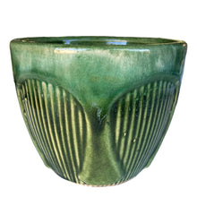 Load image into Gallery viewer, Side view of vintage RRPCo art deco green glazed pottery planter showing full embossed ribbed design and crazing detail