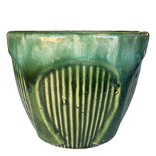 Load image into Gallery viewer, Alternate side view of 1930s Robinson Ransbottom green drip glaze planter highlighting teal-to-forest green glaze variation