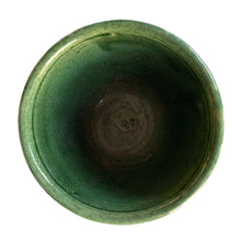 Load image into Gallery viewer, Overhead view showing rim and interior of vintage Robinson Ransbottom green glazed ceramic planter showing smooth glaze and unglazed stoneware base