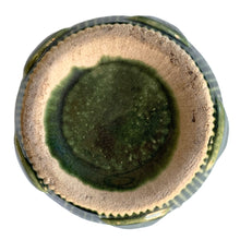 Load image into Gallery viewer, Bottom of vintage Robinson Ransbottom stoneware planter showing unglazed foot ring, scalloped edge, and partial green glaze drip, unmarked