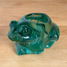 Load image into Gallery viewer, Vintage green glass frog candle holder by Indiana Glass, front view showing figural frog shape