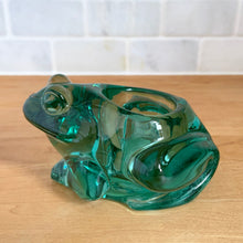 Load image into Gallery viewer, Opposite side view of vintage green glass frog candle holder size reference, measures 4.5 x 3.75 x 2.75 inches