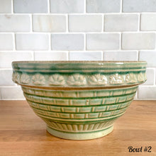 Load image into Gallery viewer, Antique green glazed stoneware 2 quart mixing bowl featuring a basketweave and fan pattern. Crafted by Robinson Ransbottom, USA, 1920s. A well-crafted piece of vintage stoneware offering a nostalgic vibe to your farmhouse or cottage kitchenware and decor!
Bowl #2 is in excellent vintage condition, no chips/cracks/repairs, age-related crazing and glaze pops. Crown 8 mark.
Measure 8 1/4 x 4 3/8 inches