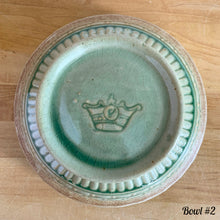 Load image into Gallery viewer, Antique green glazed stoneware 2 quart mixing bowl featuring a basketweave and fan pattern. Crafted by Robinson Ransbottom, USA, 1920s. A well-crafted piece of vintage stoneware offering a nostalgic vibe to your farmhouse or cottage kitchenware and decor!
Bowl #2 is in excellent vintage condition, no chips/cracks/repairs, age-related crazing and glaze pops. Crown 8 mark.
Measure 8 1/4 x 4 3/8 inches