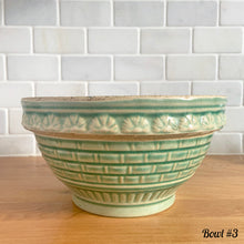 Load image into Gallery viewer, Antique green glazed stoneware 2 quart mixing bowl featuring a basketweave and fan pattern. Crafted by Robinson Ransbottom, USA, 1920s. A well-crafted piece of vintage stoneware offering a nostalgic vibe to your farmhouse or cottage kitchenware and decor!
Bowl #1 is in as found vintage condition, no chips/cracks/repairs, age-related crazing and glaze pops. Crown 8 mark.
Measure 8 1/4 x 4 3/8 inches