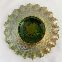 Load image into Gallery viewer, Jacks Daughter of All Trades Vintage Antique Mid-Century Kitsch Store Shop Reseller Etsy Shopify Toronto Canada Free Porch Pick Up Local Delivery Worldwide Shipping Judy Weinberg Unique Housewarming Gift Sustainable Gift Wedding Gift Home Decor Collectible Collector Gift Farmhouse Cottagecore Cottage Lodge Shabby Chic Grape and Cable iridescent green carnival glass bowl Northwood Glass Company USA early 20th century candy dish