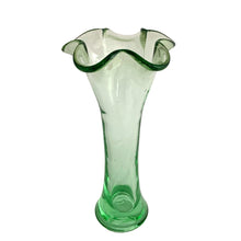 Load image into Gallery viewer, Hand-blown green glass bud vase with ruffled rim, straight-on view, vintage cottagecore farmhouse decor