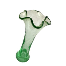 Load image into Gallery viewer, Vintage hand-blown green glass bud vase with ruffled rim, angled view, 1970s Taiwan art glass