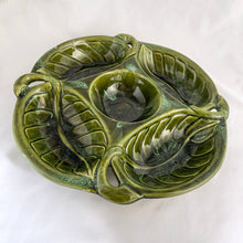 Load image into Gallery viewer, Vintage mid-century era five part green drip glazed ceramic relish dish 722 featuring a central bowl surrounded by four leaf-shaped sections. Crafted by Wade of California Pottery, circa 1960s. A enchanting serving piece for snacks, veggies and dips!
In excellent condition, free from chips/cracks/repairs.
Measures 13 1/2 x 2 inches