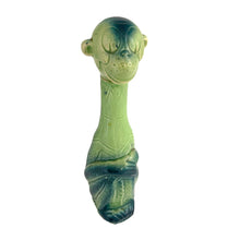 Load image into Gallery viewer, Rare vintage art deco figural smiling and wide eyed seated monkey ceramic long neck flask or decanter, glazed in green and navy blue. Crafted by Schafer and Vater, Germany, circa 1930s. This decanter is reminiscent of a Dr. Seuss-like character, and would be a statement piece for any barware collection! In excellent condition. Crazing present. Measures 2 1/2 x 3 x 10 inches tall