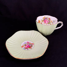 Load image into Gallery viewer, Full set view of vintage EB Foley 1850 mint green rose bone china tea cup and saucer, Pattern 3627, England