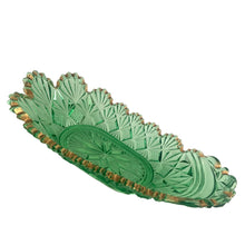 Load image into Gallery viewer, McKee Brothers Teutonic pattern green pressed glass pickle dish, USA 1920s, angled view showing full form