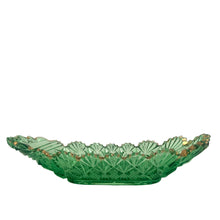Load image into Gallery viewer, Side profile of McKee Brothers Teutonic green pressed glass pickle dish showing depth and gold sawtooth rim