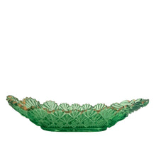 Load image into Gallery viewer, Opposite side profile of McKee Brothers Teutonic green pressed glass pickle dish showing depth and gold sawtooth rim