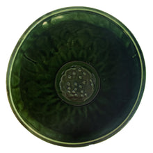 Load image into Gallery viewer, Large vintage TIerra Cushion jardiniere planter pot 1480, deep green shiny glaze, features an overlapping floral leaf pattern around the top rim, a diamond quilted body and ribbon handles. Crafted by McCoy Pottery during the Lancaster Colony Corporation Era, USA, 1974 - 1985. A must-have for any McCoy collector or gardener!
In excellent condition, free from chips, cracks or repairs, with a tiny manufacturer's defect, see photo. Maker's mark is on the bottom. Produced Measures 10 1/4 x 8 3/4 inches