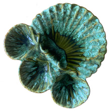 Load image into Gallery viewer, Vintage turquoise green drip glaze clamshell serving platter. Crafted by California Pottery, USA, 1950s. A lovely platter for serving your favourite seafood and accompanyments.
In excellent condition, no chips, cracks or repairs.
Measures 13 3/4 x 14 inches