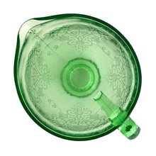 Load image into Gallery viewer, Vintage Florentine 1 green uranium depression era glass 36oz pitcher features a scalloped foot and glows beautifully under black light. Crafted by Hazel-Atlas Glass, USA, 1932 - 1935. Perfect for adding a touch of sophistication to any table setting or display in your uranium glass collection!
In excellent used vintage condition, no chips, minor wear.
Measures 7 x 4 7/8 x 6 3/4 inches (incl. handle/spout)