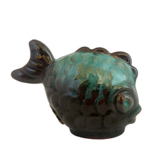 Load image into Gallery viewer, Opposite side view of a vintage Blue Mountain Pottery miniature fish figurine in signature green drip glaze.