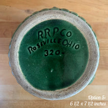 Load image into Gallery viewer, Jacks Daughter of All Trades Vintage Antique Mid-Century Rustic Depression Era Store Shop Reseller Etsy Shopify Toronto Canada Free Porch Pick Up Local Delivery Worldwide Shipping Judy Weinberg Unique Housewarming Sustainable Home Decor Collectible Collector Gift Farmhouse Cottagecore Cottage Grannycore Shabby Chic art deco gloss green Rosella 320 ceramic stoneware yellow ware pitcher climbing roses basketweave Robinson Clay Product Company Robinson Ransbottom Pottery Co 1900s art pottery