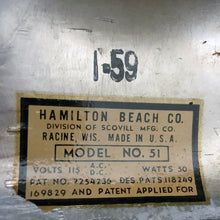 Load image into Gallery viewer, Fantastic find! Vintage mid-century era No. 51 Hamilton Beach iconic milkshake machine! Physically, the chrome is in excellent condition. The electrical cord has wear and we tried plugging it in and got the wrrr sound from the motor, but the spindle wouldn't spin so it needs repair. Measures 5 1/4 x 6 1/2 x 14 1/4 inches