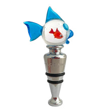 Load image into Gallery viewer, Hand-blown Murano glass fish wine stopper with orange fish inside blue and clear glass, side view