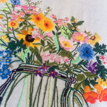 Load image into Gallery viewer, Vintage hand stitched colourful crewel of flowers in a mason jar in shades of orange, yellow, pink, blue and green on natural linen. This piece is. Written on the back, Made by Sharon Rife, January/80". A lovely piece of stitched art to enhance your home decor.
The crewel is in good vintage condition. In need of re-blocking and framing.
Measures 16 x 20 inches