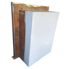 Load image into Gallery viewer, This early 20th-century rustic medicine cabinet exemplifies the craftsmanship of Toronto's heritage homes. Salvaged from a period residence, it features solid wood construction paired with an original mirrored door—a hallmark of vintage bathroom fixtures. The cabinet's authentic patina and period-appropriate brass hardware reflect decades of domestic use, making it a distinctive accent for collectors and design enthusiasts seeking genuine antique character. Ideal for display or functional storage.