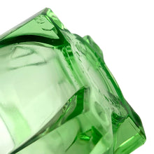 Load image into Gallery viewer, Detail of chipping to square feet on vintage Hazel-Atlas uranium glass hand beater, authentic wear