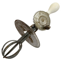Load image into Gallery viewer, Wood-handled metal beater mechanism on 1920s Hazel-Atlas depression glass hand mixer