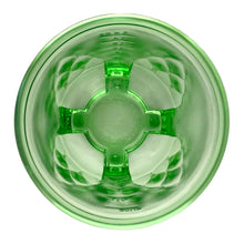 Load image into Gallery viewer, Overhead view of Hazel-Atlas uranium glass hand beater showing 4.25 inch diameter opening and gothic design