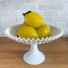Load image into Gallery viewer, Full front view of vintage Fenton Hobnail milk glass pedestal footed bowl style with glass lemons