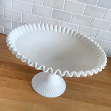 Load image into Gallery viewer, Angled view of vintage Fenton Hobnail milk glass pedestal footed bowl, pre-1970s