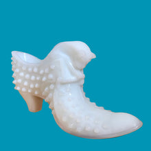 Load image into Gallery viewer, Spring is in the air with this "Hobnail" milk glass slipper with cat. Crafted by Fenton Art Glass, USA, 1957 - 1971. A sweet collectible for any Fenton, milk glass or cat lover! It's in excellent condition, no chips or cracks. Unmarked. Partial Fenton red foil label on inside. Measures 6 x 1 3/4 x 3 inches