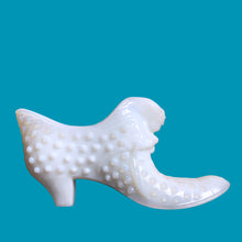 Load image into Gallery viewer, Spring is in the air with this "Hobnail" milk glass slipper with cat. Crafted by Fenton Art Glass, USA, 1957 - 1971. A sweet collectible for any Fenton, milk glass or cat lover! It's in excellent condition, no chips or cracks. Unmarked. Partial Fenton red foil label on inside. Measures 6 x 1 3/4 x 3 inches