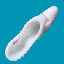 Load image into Gallery viewer, Spring is in the air with this "Hobnail" milk glass slipper with cat. Crafted by Fenton Art Glass, USA, 1957 - 1971. A sweet collectible for any Fenton, milk glass or cat lover! It's in excellent condition, no chips or cracks. Unmarked. Partial Fenton red foil label on inside. Measures 6 x 1 3/4 x 3 inches