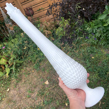 Load image into Gallery viewer, Handheld view of a vintage "Hobnail" milk glass swung vase by the Fenton Art Glass, USA, circa 1960s.