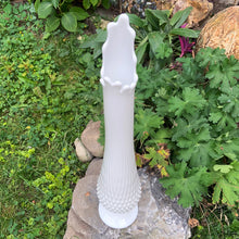 Load image into Gallery viewer, Angled view of a vintage "Hobnail" milk glass swung vase by the Fenton Art Glass, USA, circa 1960s showing the swung rim detail