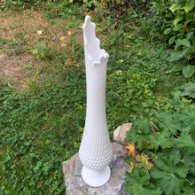 Load image into Gallery viewer, Elevated angled view of a vintage "Hobnail" milk glass swung vase by the Fenton Art Glass, USA, circa 1960s.