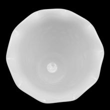 Load image into Gallery viewer, A white milk glass trumpet vase in the "Hobnail" pattern with a lovely scalloped edge. Produced by Anchor Hocking. This is THE quintessential cottage chic vase and it looks beautiful with or without flowers. An excellent choice to add vintage charm to your home, cottage, farmhouse or wedding/bridal decor! In excellent condition, no chips or cracks. Measures 5 x 9 1/2 inches