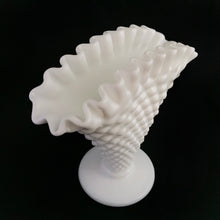 Load image into Gallery viewer, This pretty vintage Hobnail milk glass footed fan vase is the epitome of simple elegance. Crafted by Fenton Art Glass. Unmarked, pre-1970. A classic vase that never goes out of style!
In excellent condition, no chips.
Measures 6 x 3 x 5 3/4 inches