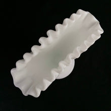 Load image into Gallery viewer, This pretty vintage Hobnail milk glass footed fan vase is the epitome of simple elegance. Crafted by Fenton Art Glass. Unmarked, pre-1970. A classic vase that never goes out of style!
In excellent condition, no chips.
Measures 6 x 3 x 5 3/4 inches