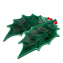 Load image into Gallery viewer, Vintage 1970s Atlantic Mold holly leaf dish with green and red glaze, two-part Christmas serving dish, 8¾ inches