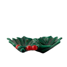 Load image into Gallery viewer, Close-up of green and red glaze on 1970s Atlantic Mold handcrafted holly leaf Christmas dish